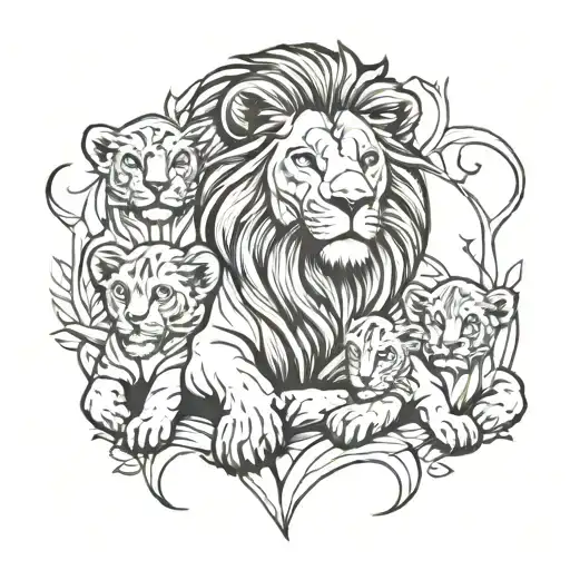 Lion With Four Cubs Surrounded