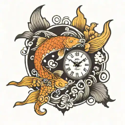 Arm Clock Tattoo With Koi Fish