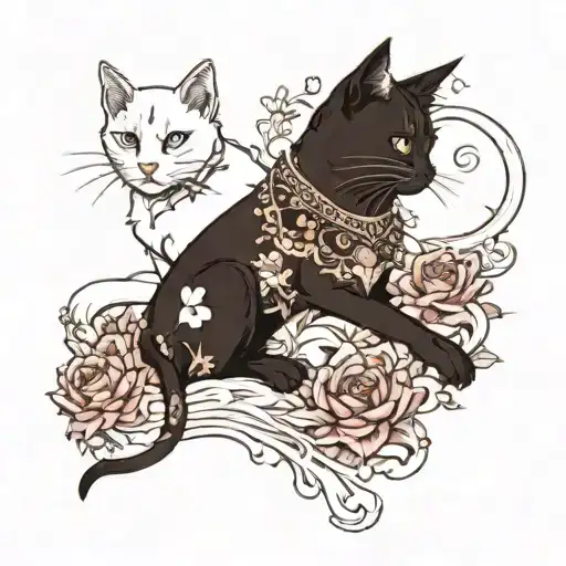 Black Cat With White Dog Playing