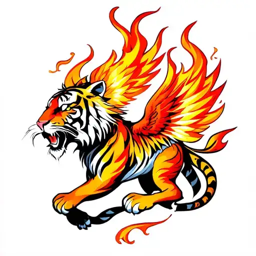 Tiger And Phoenix Rising From Flames