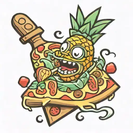 Cartoon Pineapple Riding A Pizza Slice Cut