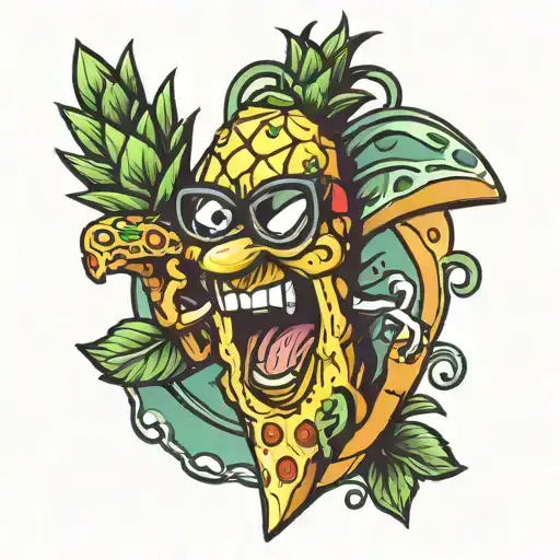 Cartoon Pineapple Riding A Pizza Slice Cut