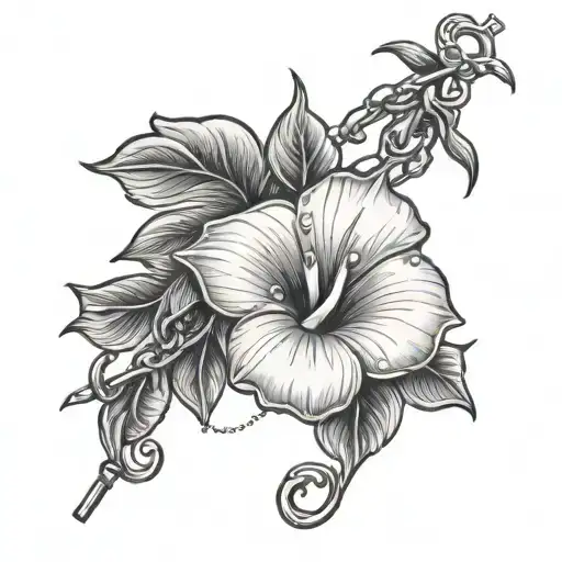 Morning Glory In Black Grey Tattoo With Rosary Intertwined