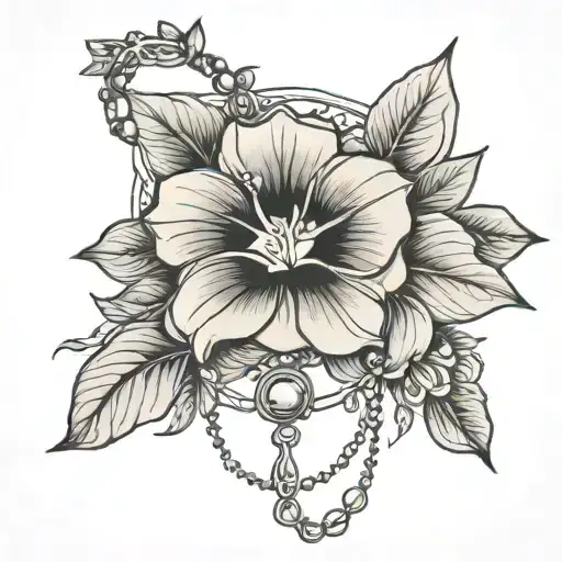 Morning Glory Black And Grey Tattoo With Rosary Hanging On Ankle