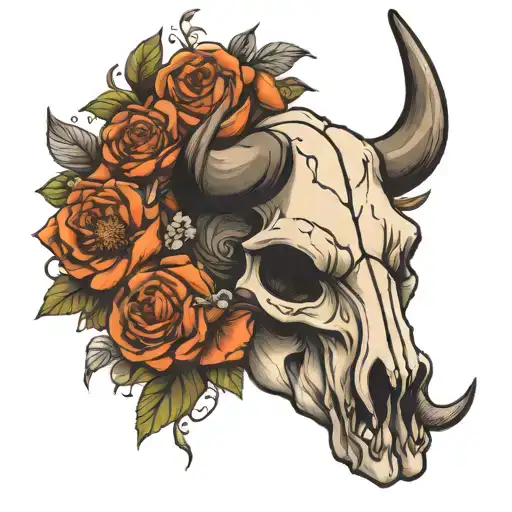Bull Skull And Flowers Growing