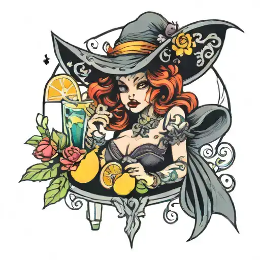 Midnight Margaritas Witch Tattoo Design