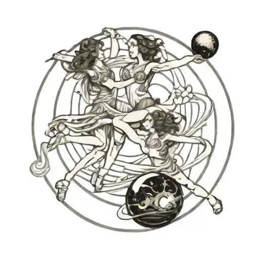 Lines Drawing Three People Dancing On Saturn Ring Black