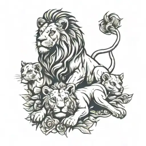Lion And Lioness With Four Cub Surrounded