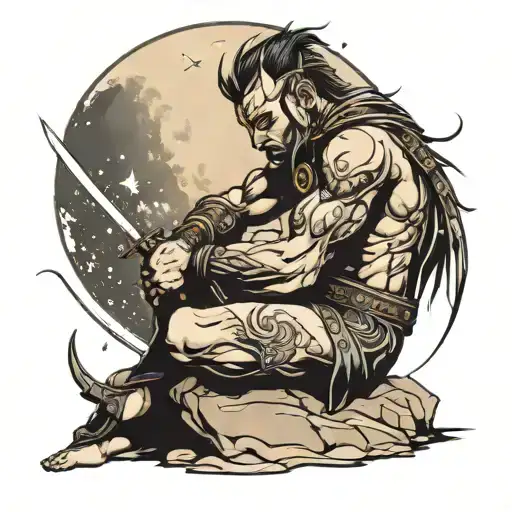 A Warrior Sitting On His Knees With Sward In The Rays Of Moon