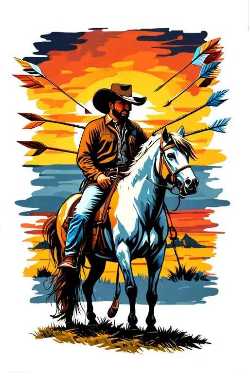 Cowboy Sitting On A Horse Gazing Peacefully At The Sunset With Arrows Sticking To It Of Him