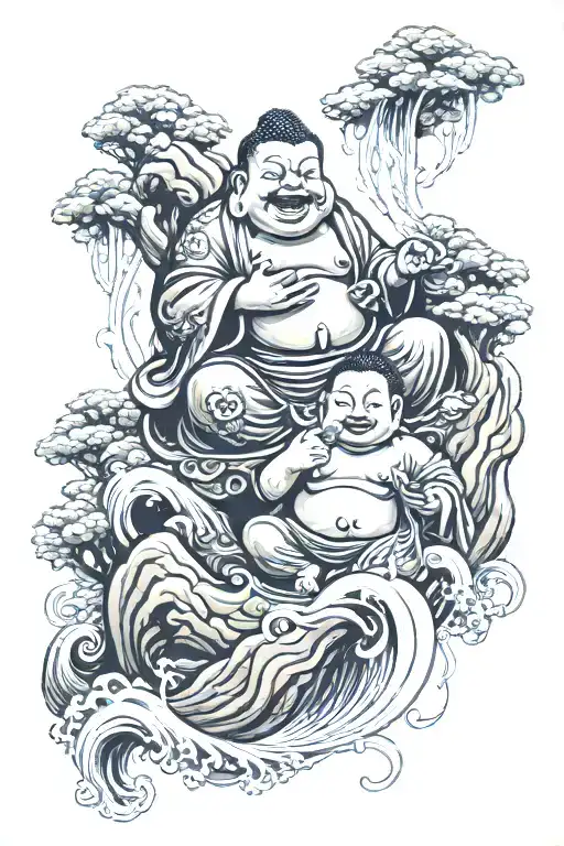Happy Buddha Eating Noodles Whilst Riding Foo Dog Out Of Waterfall