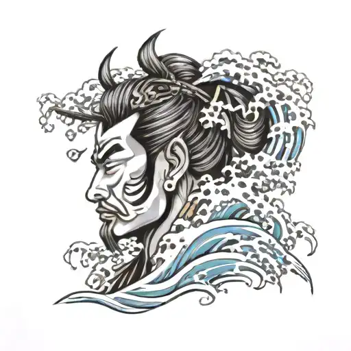 Blackwork Samurai Head And Waves Crashing In The Background