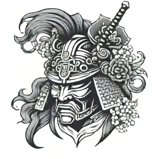 Blackwork Samurai Helmet And Waves And Small Flowers In The Background