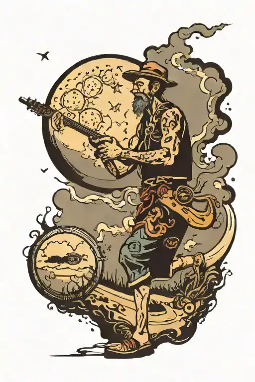 Man Walking On Road With Tambourine With Large Moon