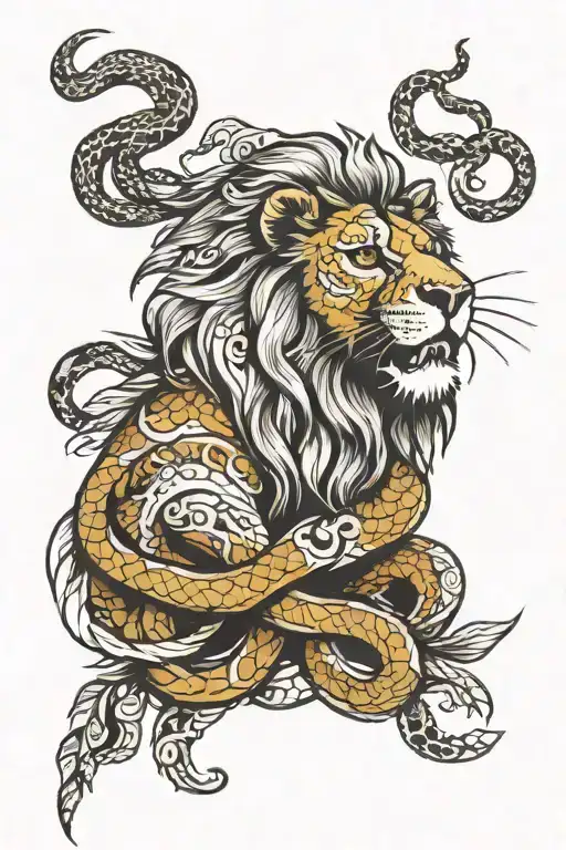 Lion Wrapped Around With Snake