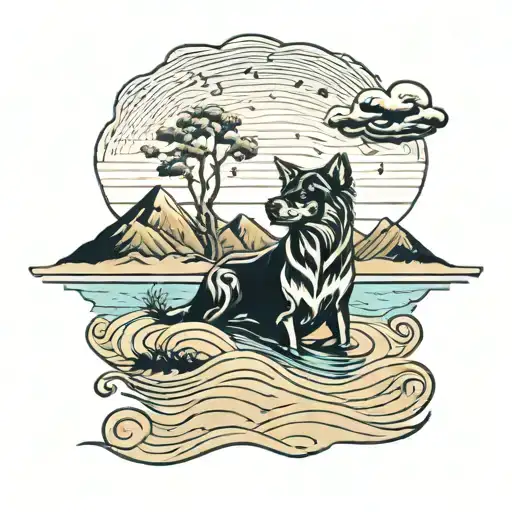 Dog On Low Tide Beach With Sand Ripples With Trees And Mountains In The Background