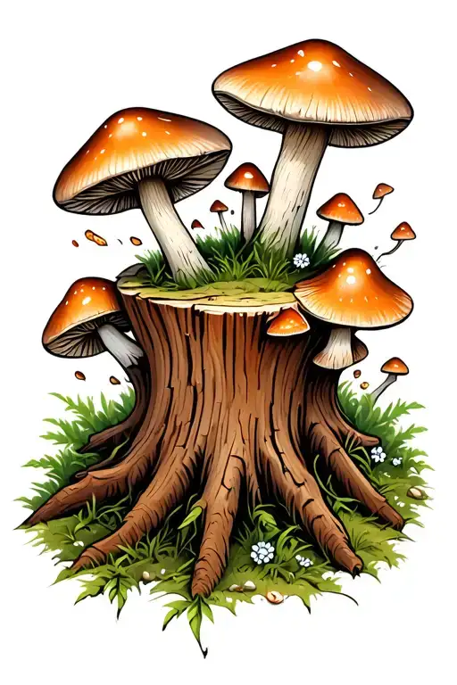 Tree Stump And Mushrooms Coming From The Stump