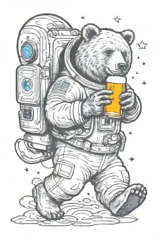 A Bear Astronaut Floating In Space Holding A Jug Of Beer