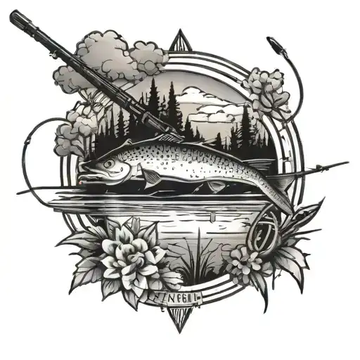 Lake With Fishing Rod And Rifle Surrounded