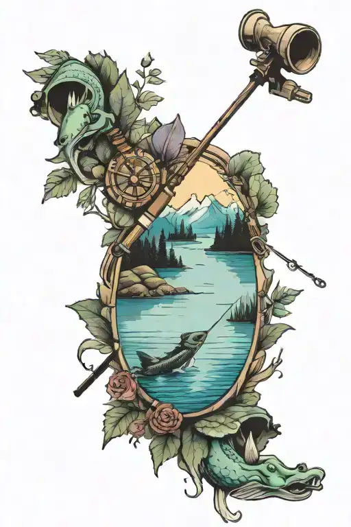 Lake With Fishing Rod And Rifle Surrounded