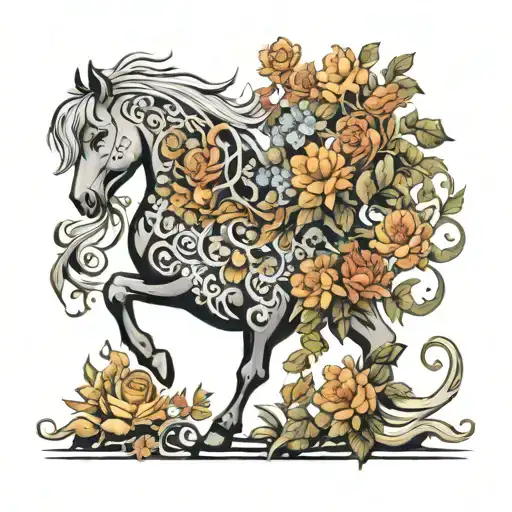 A Garden Scene With Intricate Floral Patterns Intertwined With Horse Silhouettes