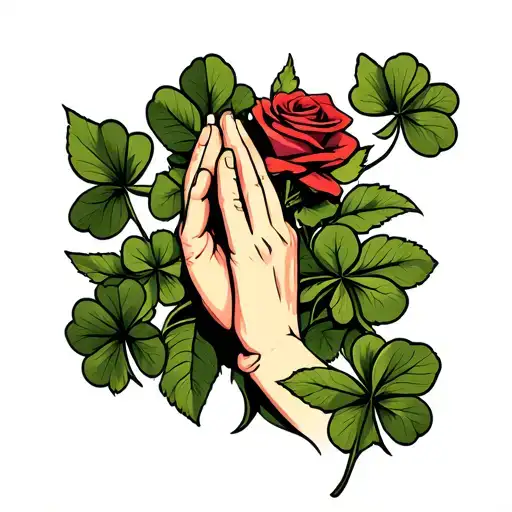Praying Hands With Rose And Clover Leaf