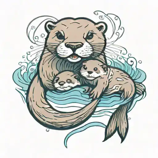 Otter Mother And Baby Swimming
