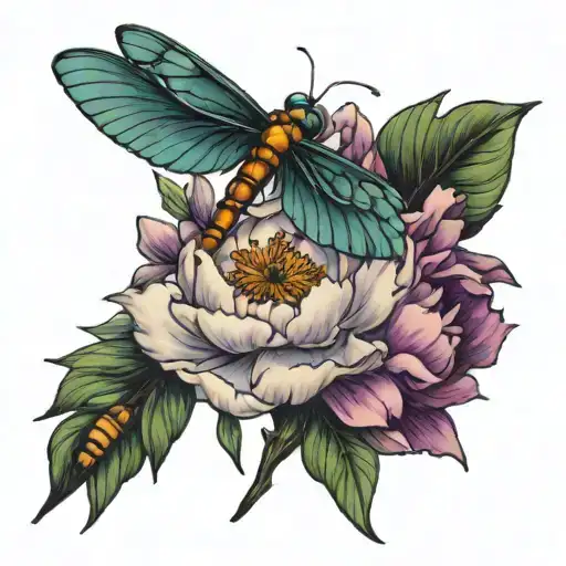 Peony Flowers And Dragonfly