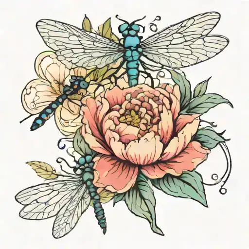 Peony Flowers Ans Dragonfly