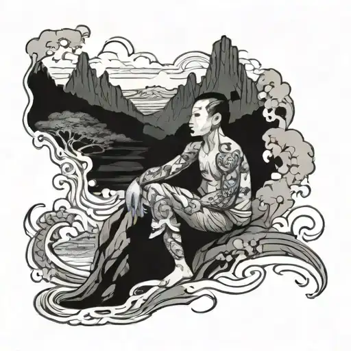 An Asian Man On Canu In The River And The View Are Mountains And The River