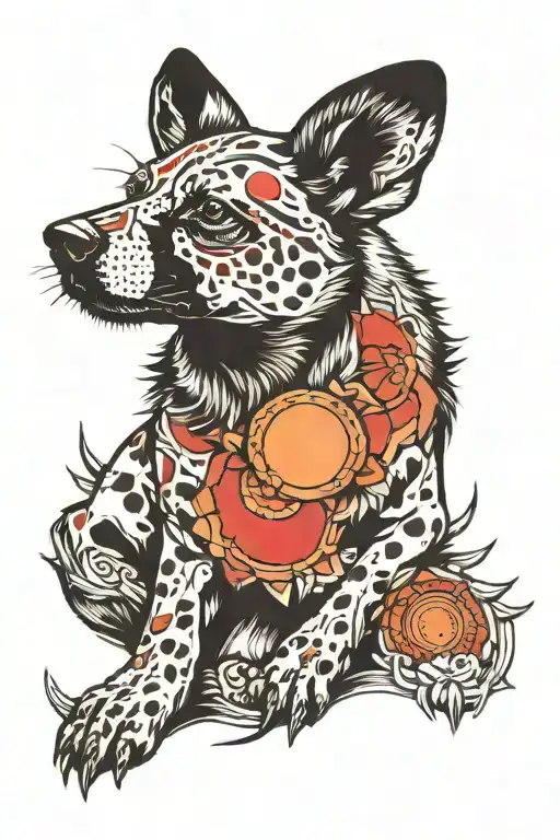 African Painted Dog With Red Sun Behind It