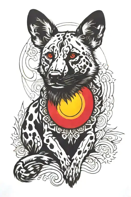 Real African Painted Dog With Red Sun Behind It