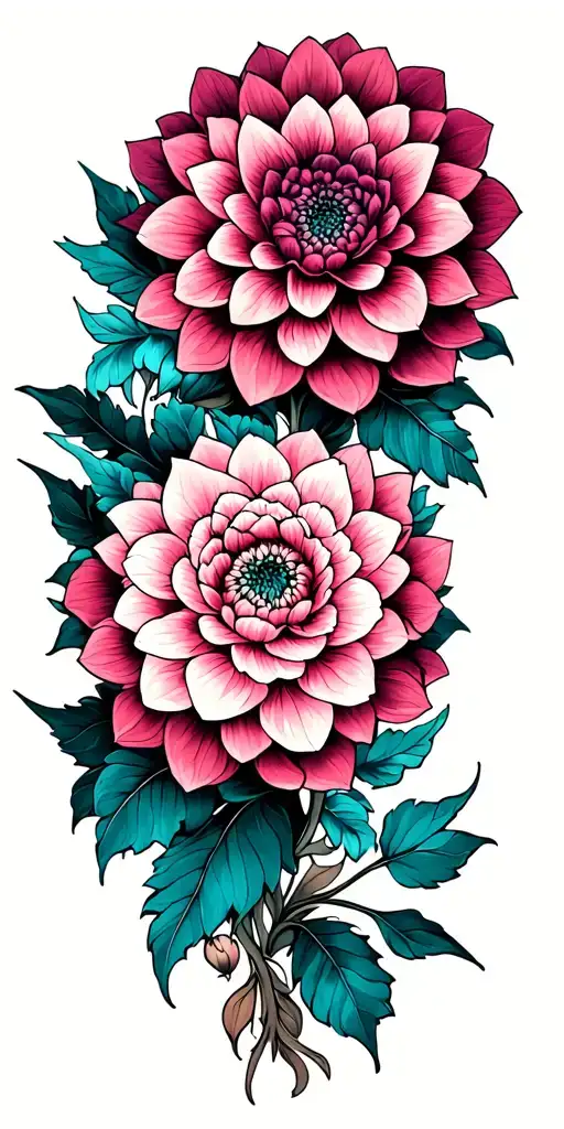 Dahlia And Peony Tattoo With A Mandala Incorporating Teal