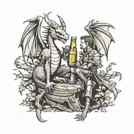 A Dragon And A Knight Drink Beer While Sitting On Tree Stumps