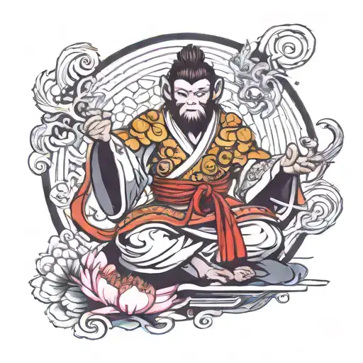 Monkey King Wukong Levitating In A Lotus Meditation Pose Wearing A Fighting Kimono