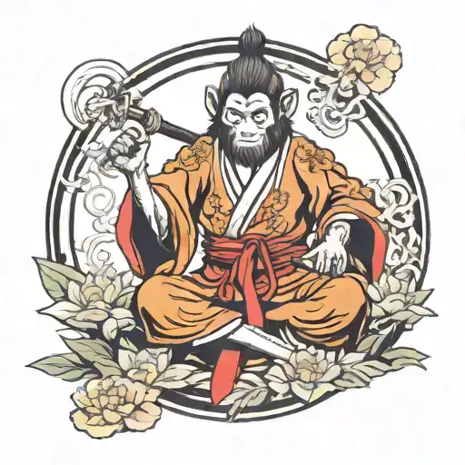 Monkey King Wukong Levitating In A Lotus Meditation Pose Wearing A Fighting Kimono