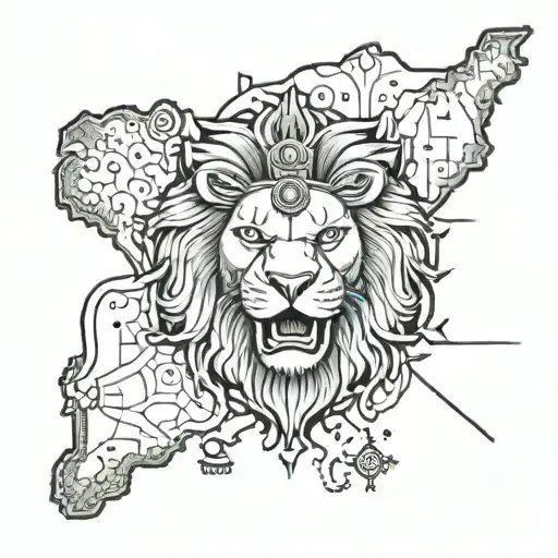Punjab Map Outline With Lion Head And Pistols Crossing Each