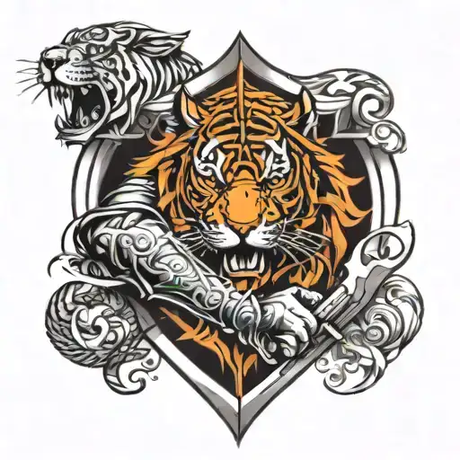Full Arm Knight Tattoo With Tiger Surrounded