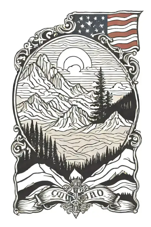 Colorado Mountains And Flag Intertwined