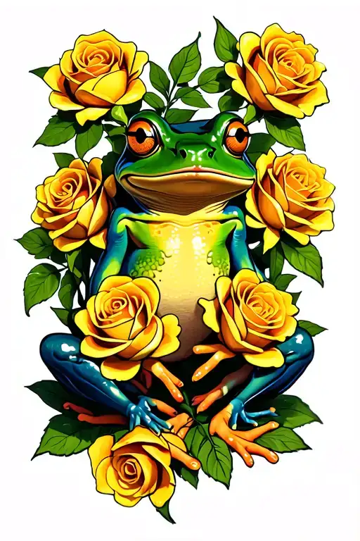 Frog And Five Yellow Roses Intertwined