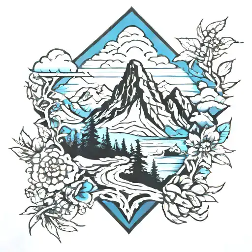 Blue And Black Tattoo Of Mountain And Nature