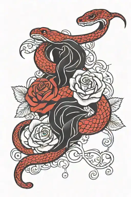 Red Snake Wrapped Around Black Long Stemmed Rose Intertwined