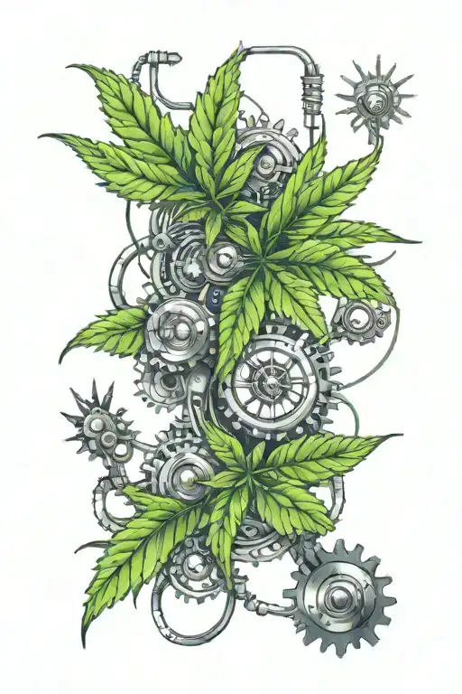 A Realistic Portrait Of A Marijuana Plant Intertwined With Technology Gears