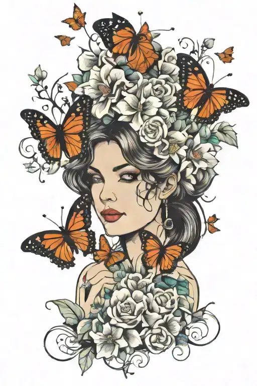 Woman Surrounded With Flowers And Butterflies Beautiful