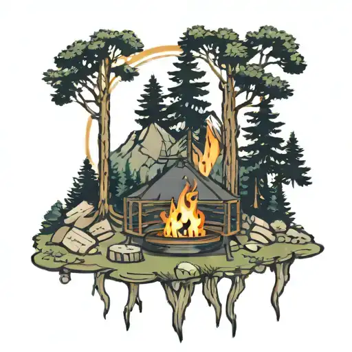 Pine Forest Scene With Mountains Fire Pit And Music
