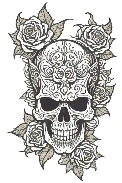 Skull With Roses And Demon In Hanya Mask