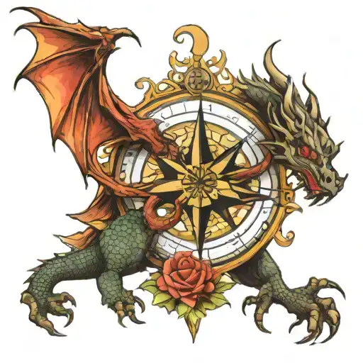 Dragon And Compass Rose Intertwined