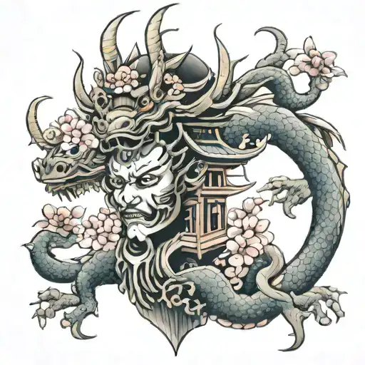 Full Leg Japanese Cherry Blossom Pagoda Temple Dragon Ha Ya Mask