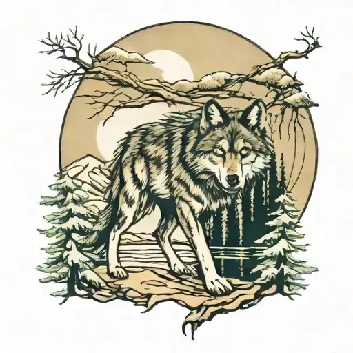 Full Sleeve Tatto Wolf Moon River Mountain Trees