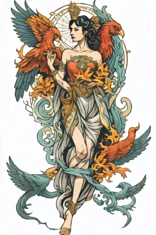 Goddess Themis With Phoenix Bird Phoenix